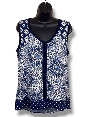 Small Bleu Blue White Sleeveless Vneck Top Boho Geometric Lightweight Bohemian